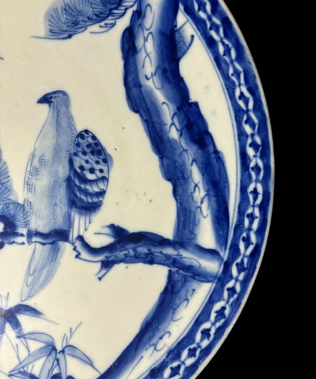 染付 丸皿 [鳥 松図] 丸大皿 中皿 取り皿 盛り皿 飾り皿 絵皿 明治 和食器 骨董品 アンティーク