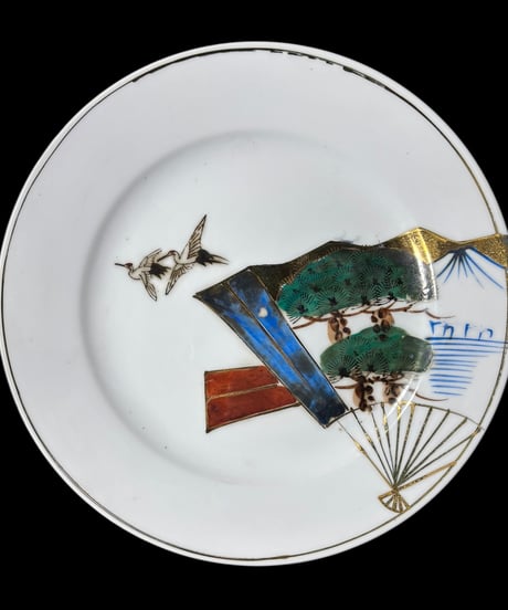 【2枚セット】色絵 双鶴 扇子 大皿 丸皿 取り皿 飾り皿 和食器 時代物 陶器 骨董品 アンティーク