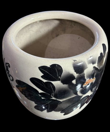 昭和 レトロ 手あぶり 火鉢 水墨画 牡丹 火鉢 在銘 陶器 時代物 古道具 骨董品 アンティーク
