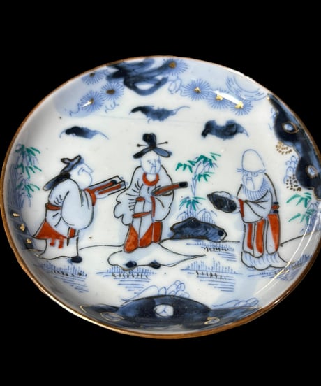 【2客セット】染付 印判 小皿 [松竹梅仙人人物絵] 金彩 平皿 丸皿 取り皿 盛り皿 飾り皿 和食器 明治 大正 骨董品 アンティーク