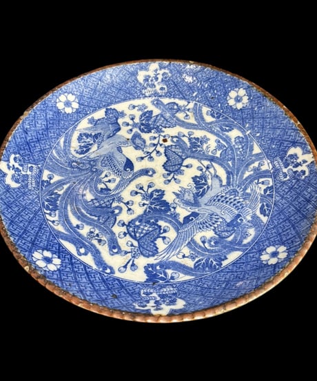 古伊万里 印判 染付 鳳凰 桜 孔雀 草花 いげ皿 大皿 丸皿 平皿 取り皿 盛り皿 飾り皿 時代物 和食器 骨董品 アンティーク