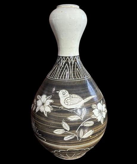 壺 一輪挿し [鳥 草花 文字] 中国雑貨 フラワーベース 花瓶 花入れ 丸壺 花器 陶器 古美術 骨董品 アンティーク