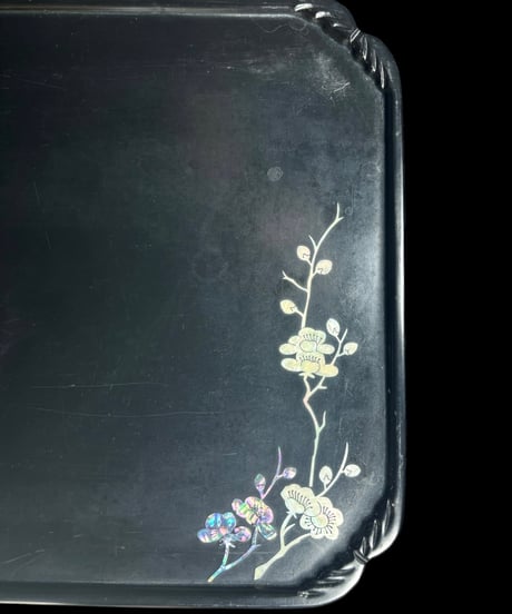 お盆 草花 螺鈿細工 角盆 菓子盆 螺鈿 トレー 盆 漆 古道具 古民具 骨董品 レトロ アンティーク