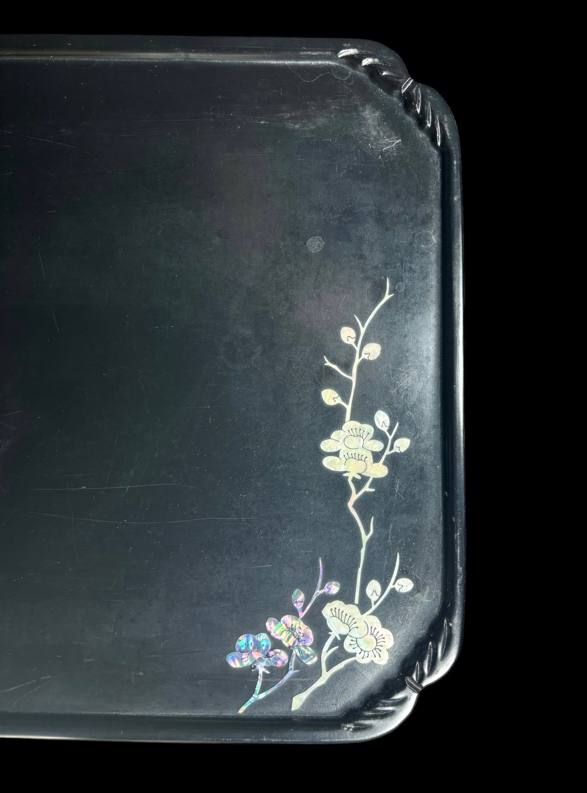 中国骨董品木製うるし(?)蓮の花絵柄トレイ(?)お盆