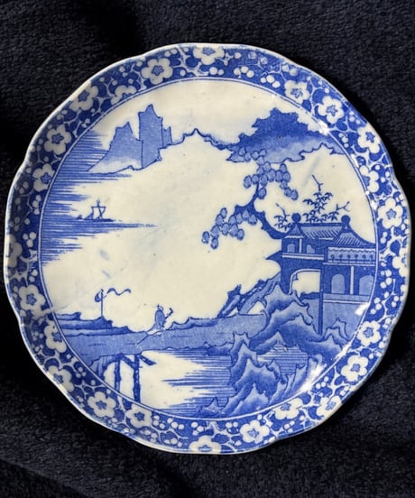 染付 平皿 [風景山水松人物絵] 丸皿 印判 大皿 取り皿 盛り皿 飾り皿 和食器 骨董品 アンティーク