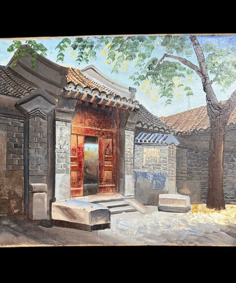 油絵【風景絵】中国雑貨 油彩 額装 壁掛 絵画 色絵 中国 民国 古美術 雑貨 インテリア アンティーク コレクション