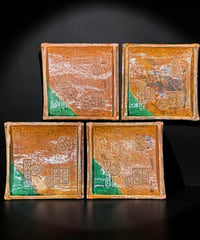 【4客セット】 大樋焼 菓子皿 瓢箪団扇印文図 四方皿 角皿 小皿 平皿 時代物 和食器 骨董品 アンティーク