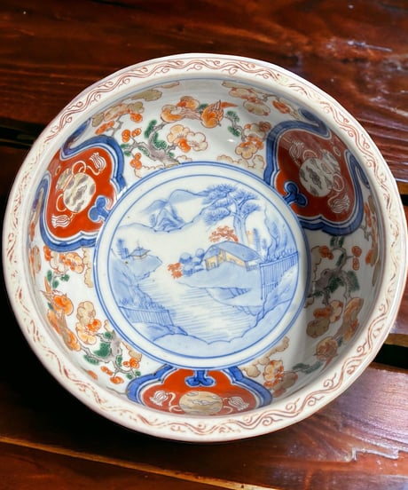 古伊万里 中鉢 [松竹梅鳥風景絵] 色絵 盛り皿 飾り皿 鉢 大鉢 深鉢 器 伊万里 江戸時代 和食器 骨董品
