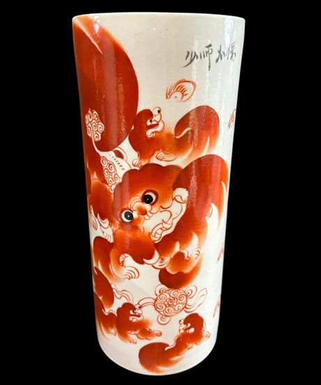 中国清末 民国 壺 [獅子] 中国雑貨 赤絵 麒麟 狛犬 フラワーベース 花瓶 花入れ 丸壺 花器 陶器 中国 古美術 シノワズリ 骨董品 アンティーク