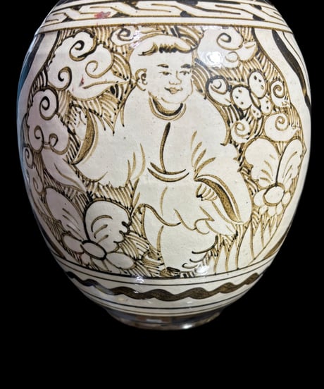 中国現地買入 壺 人物文図 中国 フラワーベース 花瓶 花入れ 丸壺 花器 陶器 古美術 シノワズリ 骨董品 アンティーク