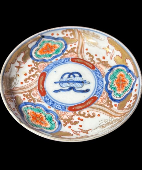 【2客セット】冨貴長春 伊万里 小皿 [花菱波千鳥軍配図] 金彩 赤絵 色絵 丸皿 盛り皿 飾り皿 古伊万里 古美術 明治 和食器 骨董品 アンティーク