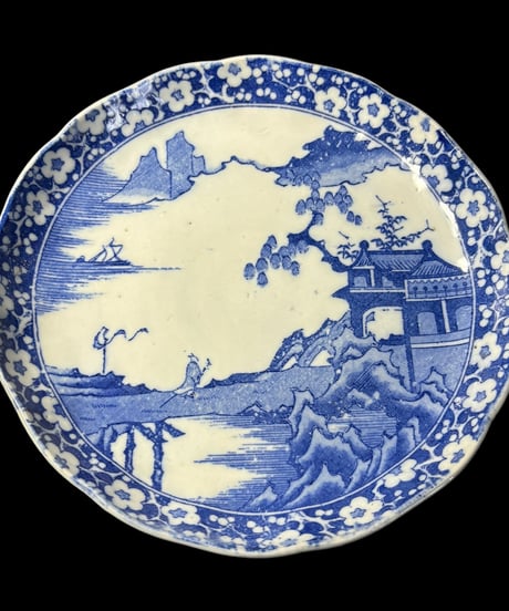 染付 平皿 [風景山水松人物絵] 丸皿 印判 大皿 取り皿 盛り皿 飾り皿 和食器 骨董品 アンティーク