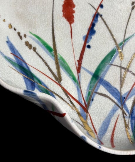 蔵出し 稲穂 飾鉢 花形鉢 色絵 大鉢 変形鉢 盛り皿 飾り皿 古美術 和食器 骨董品 アンティーク