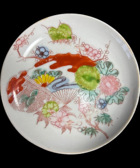 【11客セット】古伊万里 色絵 扇子松竹梅菊文図 小皿 丸皿 塩皿 盛り皿 飾り皿 古美術 和食器 時代物 骨董品 アンティーク