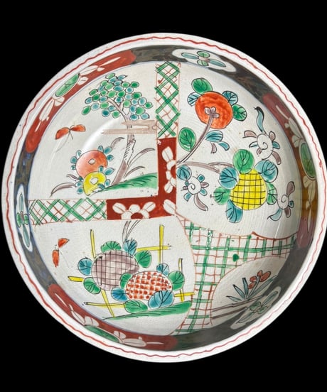 古伊万里 大鉢 [蝶草花文図] 色絵 鉢 丸皿 取り皿 飾り皿 和食器 江戸 伊万里 陶器 骨董品 アンティーク
