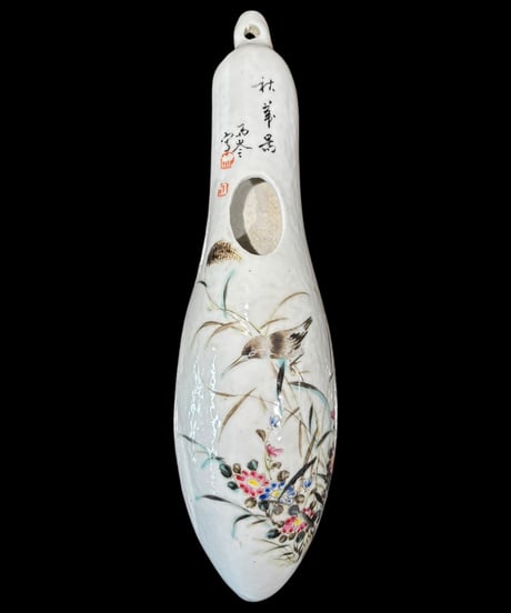 中国現地買入 一輪挿し [草花鳥] 壁掛け 中国雑貨 花瓶 フラワーベース 色絵 陶磁器 陶器 骨董品 アンティーク