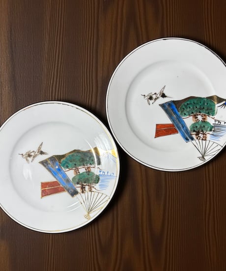 【2枚セット】色絵 双鶴 扇子 大皿 丸皿 取り皿 飾り皿 和食器 時代物 陶器 骨董品 アンティーク