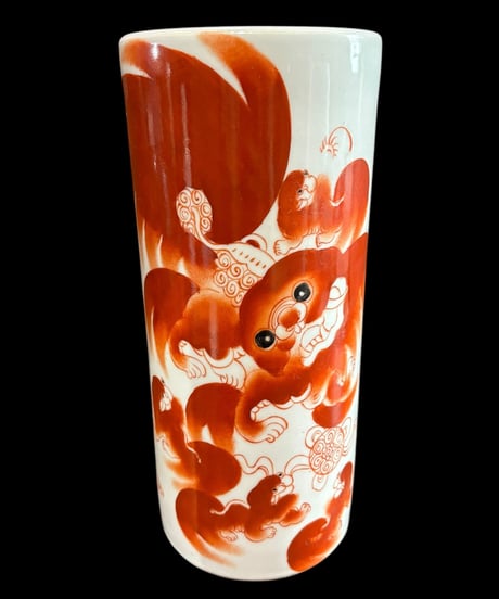 中国清末 民国 壺 [獅子] 中国雑貨 赤絵 麒麟 狛犬 フラワーベース 花瓶 花入れ 丸壺 花器 陶器 中国 古美術 シノワズリ 骨董品 アンティーク