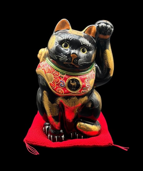 九谷焼 招き猫 黒猫 左手 縁起物 開運 商売繁盛 金彩 色絵 九谷 陶器 昭和 レトロ 工芸品 インテリア 骨董品 アンティーク