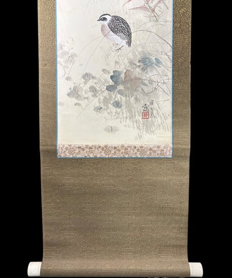 掛け軸 [鳥 草花絵] 作家物 掛軸 昭和 レトロ インテリア 壁掛け 工芸品 古美術 骨董品 アンティーク