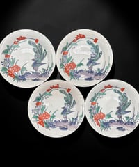 【4客セット】 古伊万里 染付 鳳凰松竹梅文図 色絵 平皿 飾皿 時代物 伊万里 骨董品 アンティーク