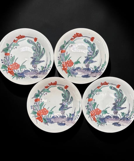 【4客セット】 古伊万里 染付 鳳凰松竹梅文図 色絵 平皿 飾皿 時代物 伊万里 骨董品 アンティーク