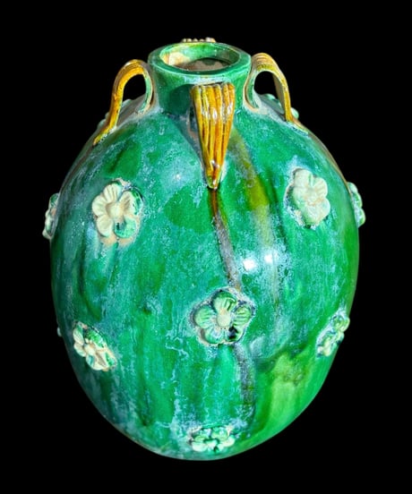 壺 [花柄] グリーン 中国雑貨 フラワーベース 花瓶 花入れ 丸壺 花器 陶器 古美術 骨董品 アンティーク