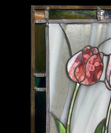 ステンドグラス チューリップの花 アート ガラス チューリップ 花 四角 パネル 装飾品 インテリア 骨董品 アンティーク ヴィンテージ