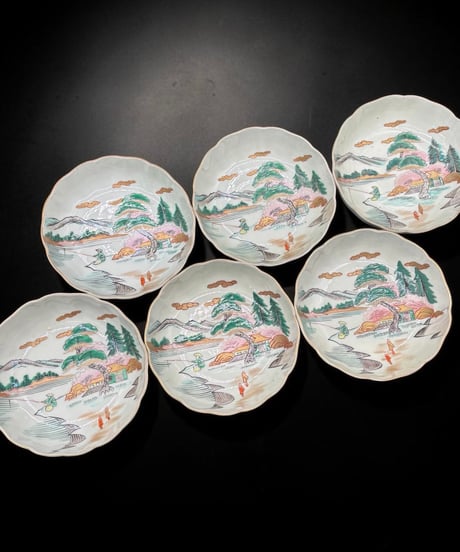 【6客セット】 古伊万里 なます皿 金彩 松竹梅 山水風景図 色絵 膾皿 和食器 時代物 陶器 骨董品 アンティーク