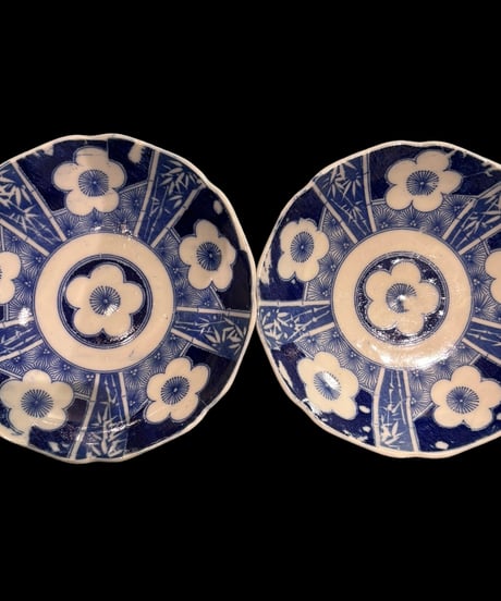 【2客セット】染付 小皿 花柄 竹 取り皿 盛り皿 飾り皿 和食器 骨董品 アンティーク