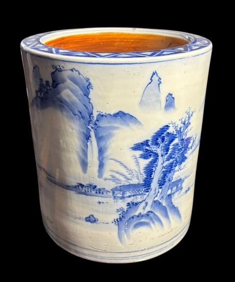 明治期 染付 火鉢 山水風景図 火鉢 陶器 時代物 古道具 骨董品 アンティーク