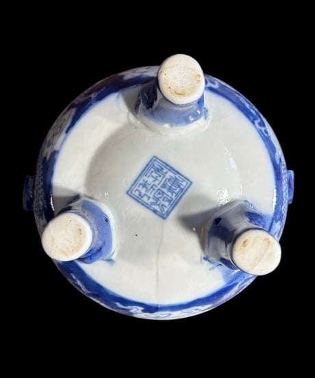 染付 龍 三足 香炉 香道具 美術品 インテリア 置物 陶器 中国 時代物 骨董品 アンティーク