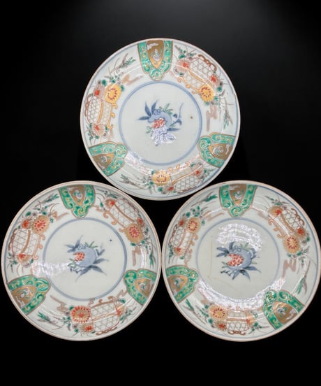 【3客セット】 江戸末期 古伊万里 金襴手 色絵 丸皿 取り皿 飾皿 和食器 伊万里 陶器 時代物 骨董品 アンティーク
