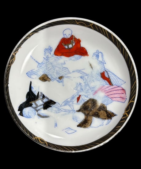 【2客セット】色絵 丸皿 [仙人人物絵] 時代物 小皿 取り皿 盛り皿 飾り皿 レトロ 昭和初期 和食器 骨董品 アンティーク