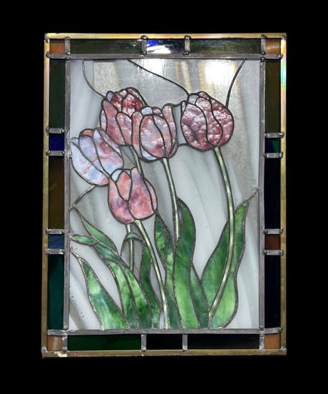ステンドグラス チューリップの花 アート ガラス チューリップ 花 四角 パネル 装飾品 インテリア 骨董品 アンティーク ヴィンテージ