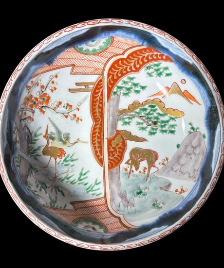 大鉢 [松竹梅鶴馬風景文] 伊万里 金彩 色絵 大皿 丸皿 鉢 盛り皿 飾り皿 古伊万里 古美術 和食器 骨董品 アンティーク