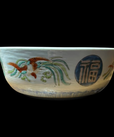 古伊万里 大鉢 福 窓絵風景草花文図 明治 盛り鉢 色絵 鉢 取り皿 飾り皿 和食器 陶器 伊万里 骨董品 アンティーク