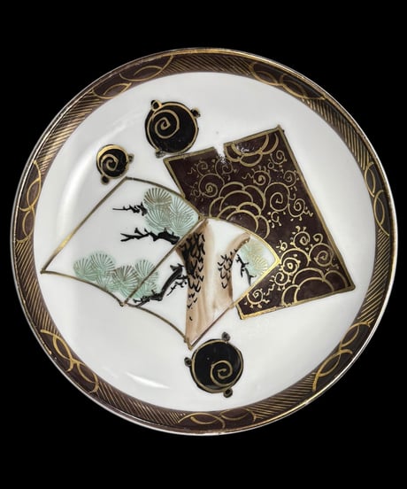 色絵 丸皿 [松文 扉絵] 時代物 小皿 取り皿 盛り皿 飾り皿 レトロ 昭和初期 和食器 骨董品 アンティーク