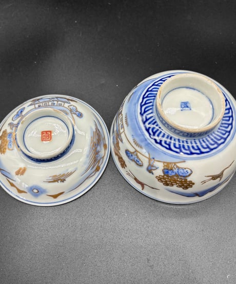 一式揃 江戸期 古伊万里 金彩 染付 麒麟 山水風景図 汁椀 茶椀 大皿 お猪口 裏印 取り皿 飾り皿 和食器 陶器 骨董品 アンティーク