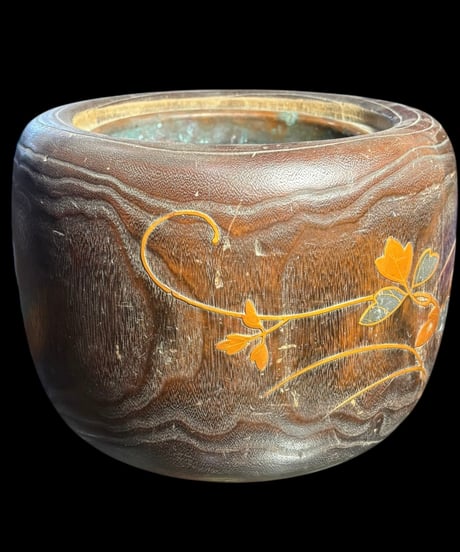 桐火鉢 手あぶり 蒔絵 煙草盆 蝶草花図 火鉢 陶器 時代物 古道具 骨董品 アンティーク