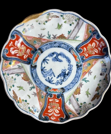 古伊万里 金彩 松竹梅 兎蝶鳥草花文図 金継ぎ 色絵 花形皿 取り皿 飾り皿 和食器 伊万里 時代物 陶器 骨董品 アンティーク