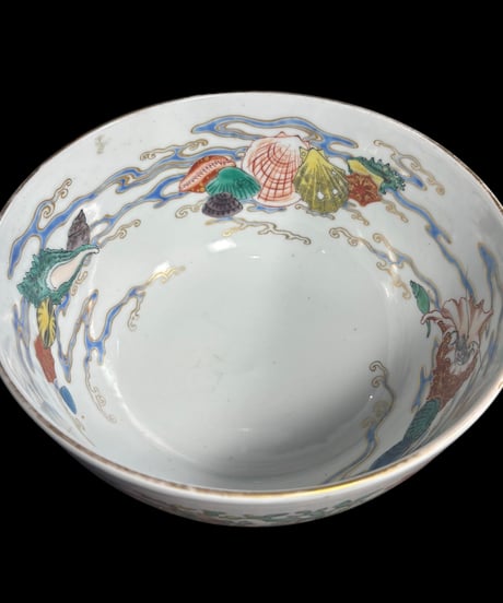 【現品限り!!】陶齋 大鉢 [魚蟹貝草花文] 海 サザエ 色絵 大皿 鉢 盛り皿 飾り皿 古伊万里 古美術 和食器 骨董品 アンティーク