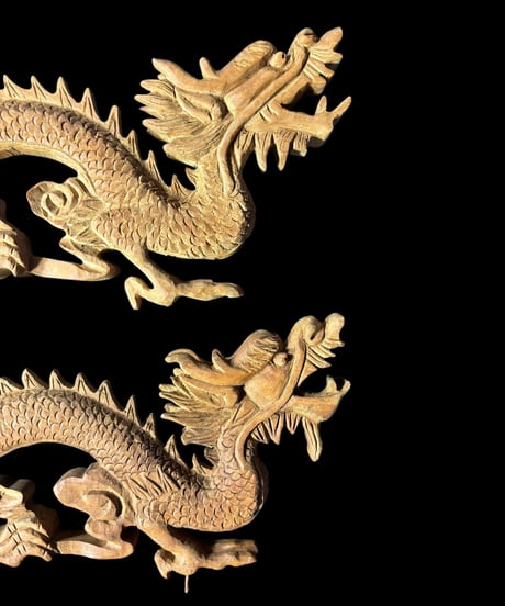 【2体セット】彫刻 龍 木製 欄間 古民家建具等 彫刻パーツ 十二支 置物 飾り 竜 辰 縁起物 木彫り 天然木 工芸品 骨董品 アンティーク