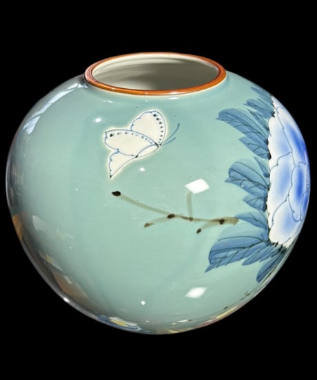 九谷 旭山 花瓶 蝶草花文図 九谷焼 フラワーベース 花入れ 丸壺 花器 陶器 古美術 レトロ 骨董品 アンティーク