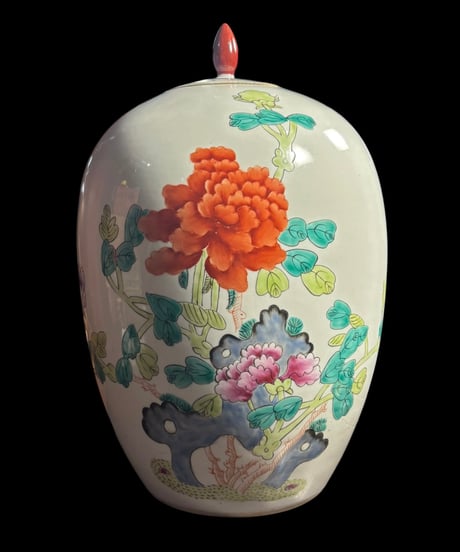 中国磁器 色絵 蓋付き壺 花柄 フラワーベース 花瓶 花入れ 牡丹 花器 丸壺 陶器 中国 古美術 骨董品 アンティーク