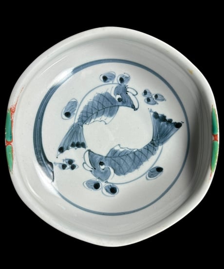 【2客セット】染付 丸皿 [魚絵] 青 時代物 小皿 取り皿 盛り皿 飾り皿 レトロ 和食器 骨董品 アンティーク