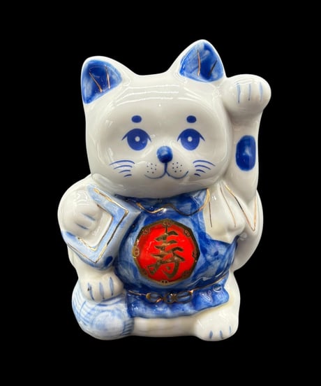【2体セット】 寿 招き猫 千万両 白猫 右手 染付 縁起物 開運 商売繁盛 貯金箱 陶器 昭和 レトロ 工芸品 インテリア 骨董品 アンティーク