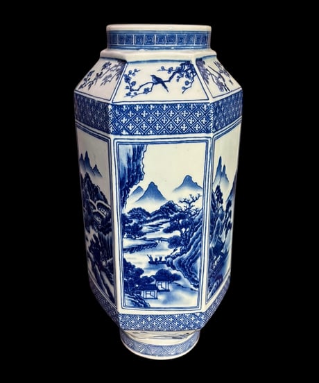 中国現地買付 六角壺 [鳥山水風景絵] 中国雑貨 壺 フラワーベース 花瓶 花入れ 花器 陶器 中国 古美術 骨董品 アンティーク