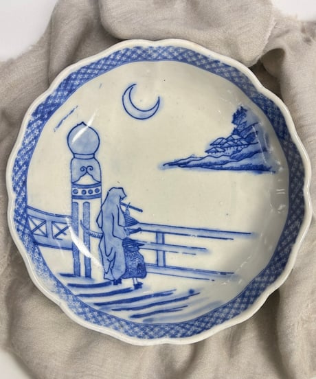 染付 なます皿 [三日月 風景 人物絵] 色絵 平皿 丸皿 小皿 取り皿 飾り皿 和食器 骨董品