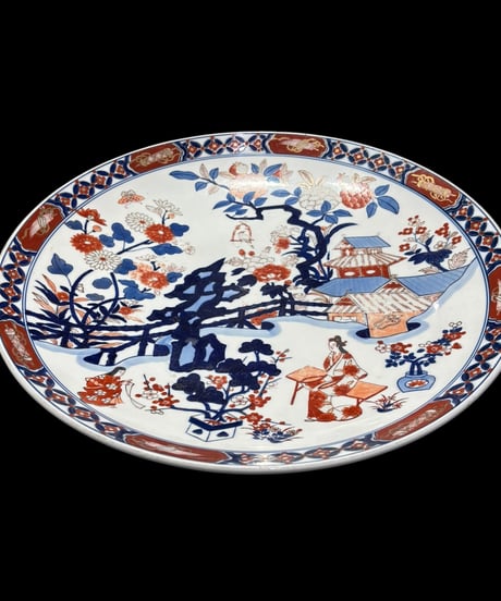 有田焼 哲山作 色絵 人物風景菊文図 絵皿 大皿 取り皿 飾り皿 伊万里 陶器 作家物 骨董品 アンティーク